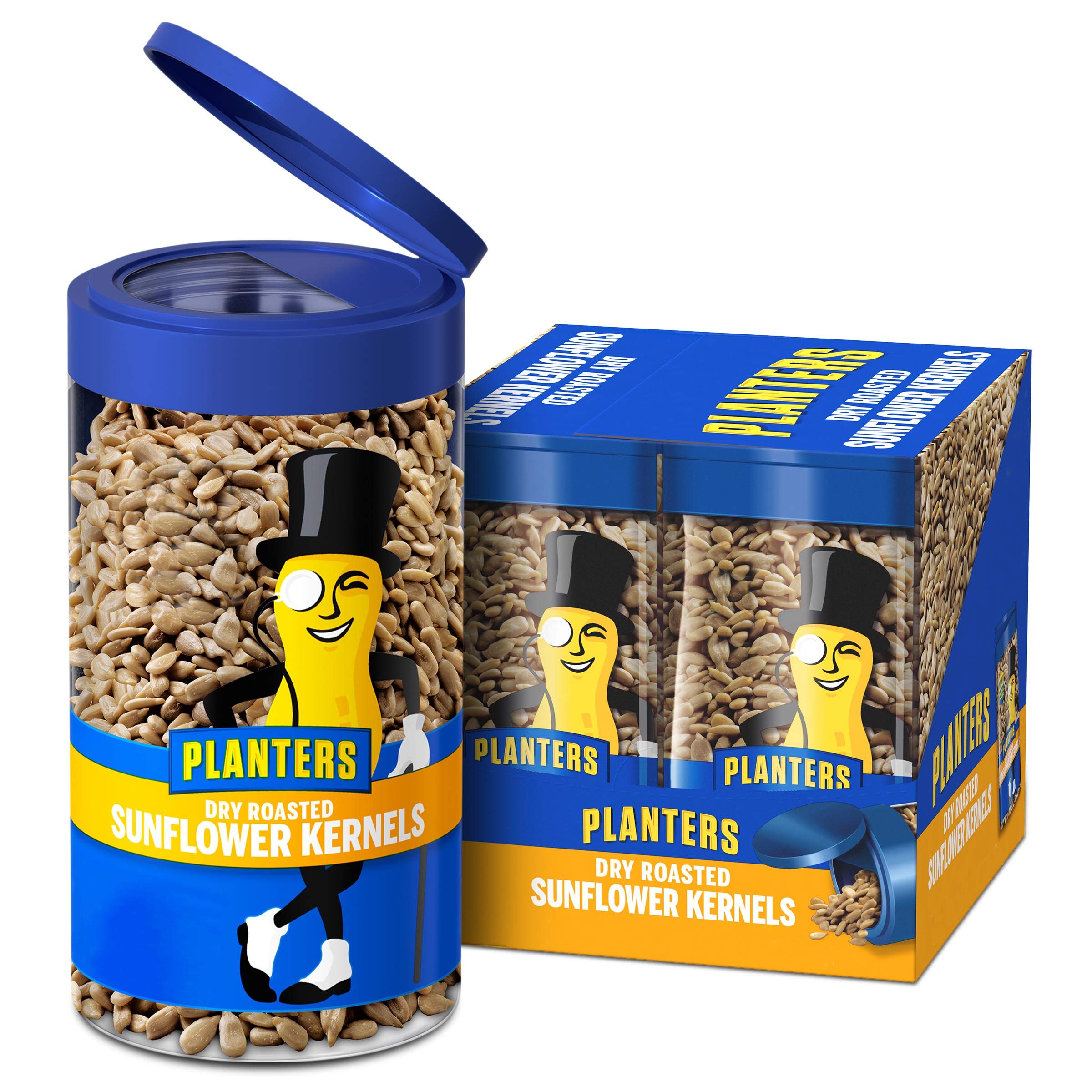 Planters Pop & Pour sunflower seeds in a resealable jar for fresh snacking.