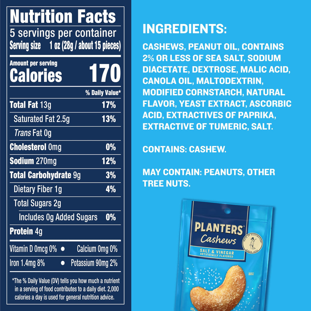 Planters Salt & Vinegar cashews close-up highlights seasoned crunch and savory aroma.