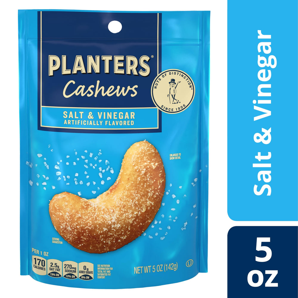 Planters Salt & Vinegar cashews open bag ready for travel or office snack.