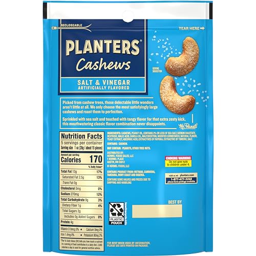 Planters Salt & Vinegar cashews snack pack ready for parties and gatherings.