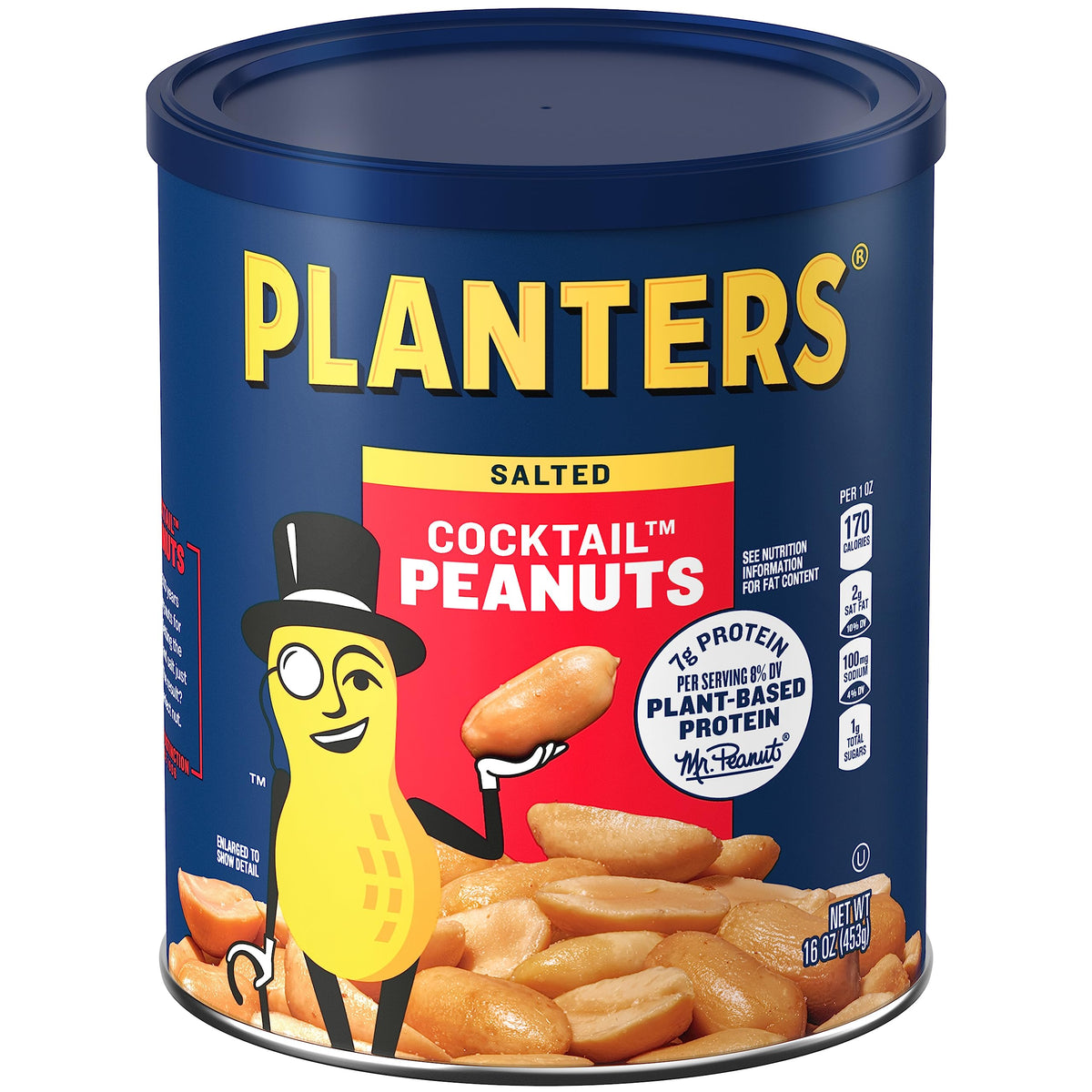 Planters Salted Cocktail Peanuts in a jar with bold flavor and resealable lid for freshness.