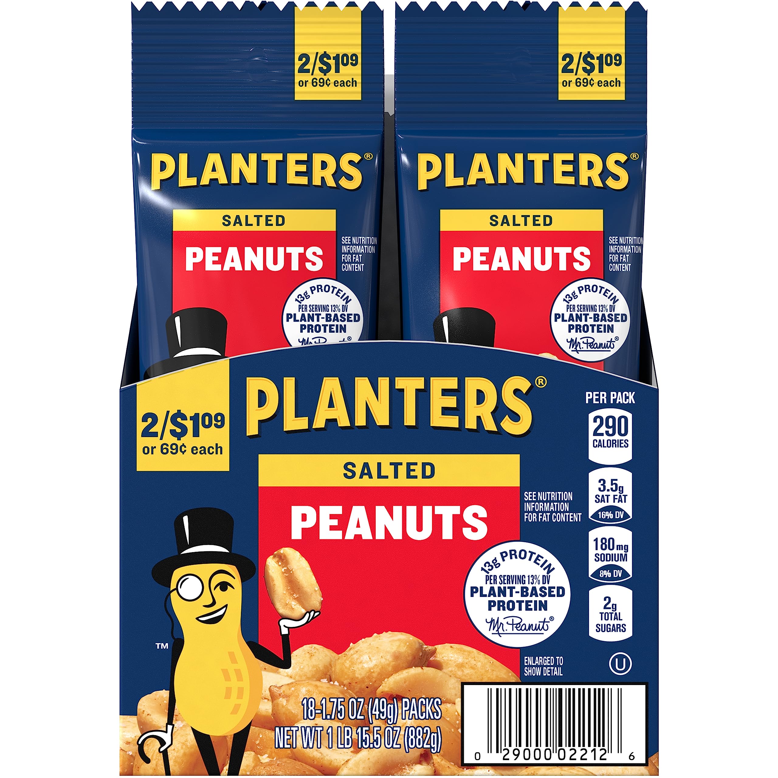 Planters Salted Peanuts 18-pack box displayed on pantry shelf, protein-rich snack option