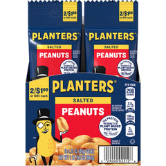 Planters Salted Peanuts 18-pack box displayed on pantry shelf, protein-rich snack option