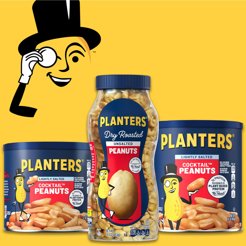 Planters unsalted dry roasted peanuts plain label communicates simple, ingredient-forward snack.