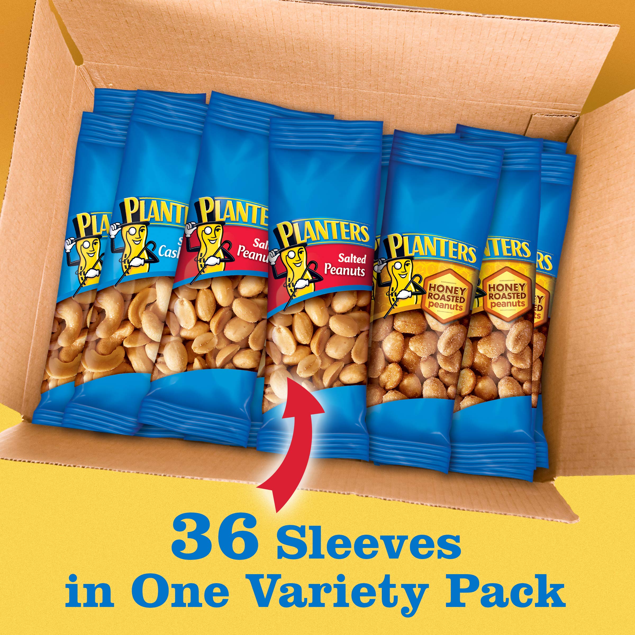 PLANTERS 36-count variety pack supports gatherings or classroom snacks.