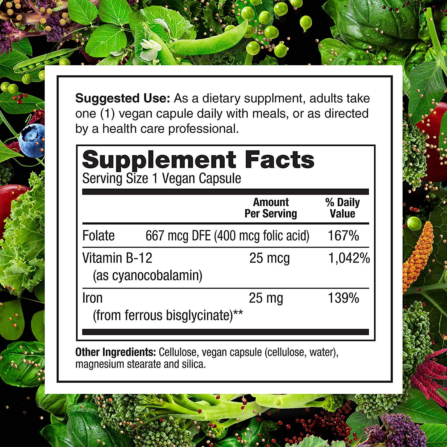 PlantFusion folate and B12 blend on bottle label for balanced nutrition