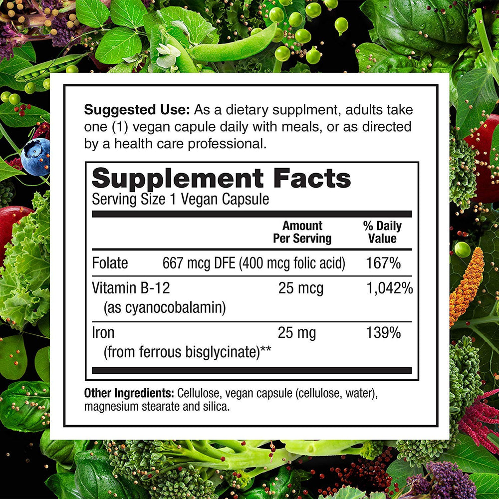 PlantFusion folate and B12 blend on bottle label for balanced nutrition
