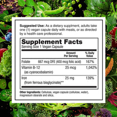 PlantFusion folate and B12 blend on bottle label for balanced nutrition