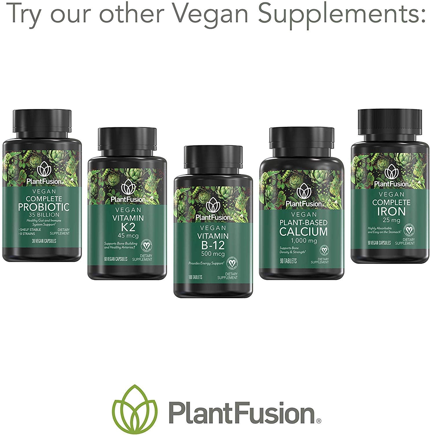 PlantFusion ingredient icons on bottle label highlight vegan, non-GMO, gluten-free features