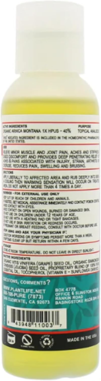 California-made Plantlife Arnica Relieve Oil label displayed.