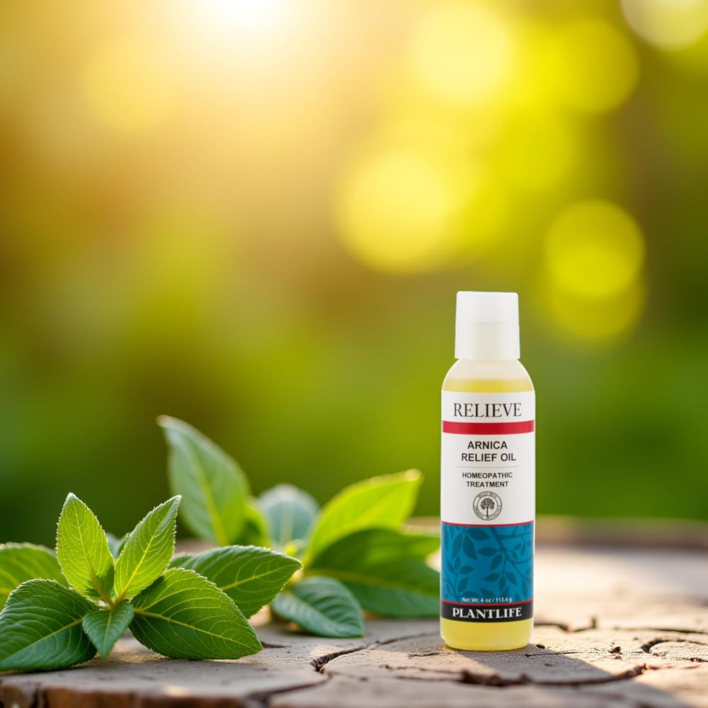 Hands applying Plantlife Arnica Relieve Oil with a soothing massage.