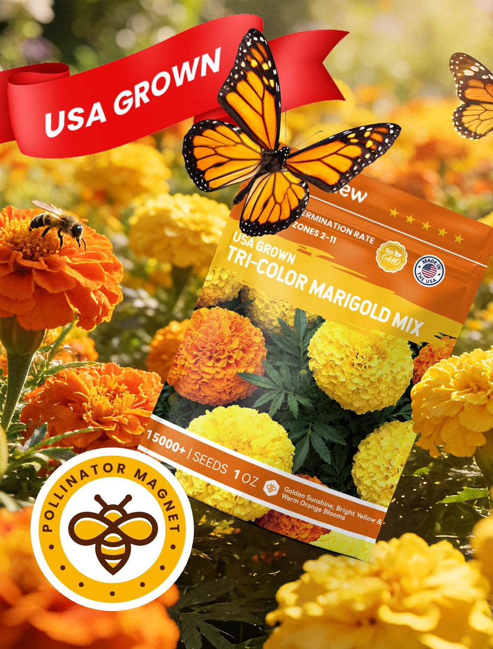 PlantMew heat-tolerant marigolds thrive in sunny spots.