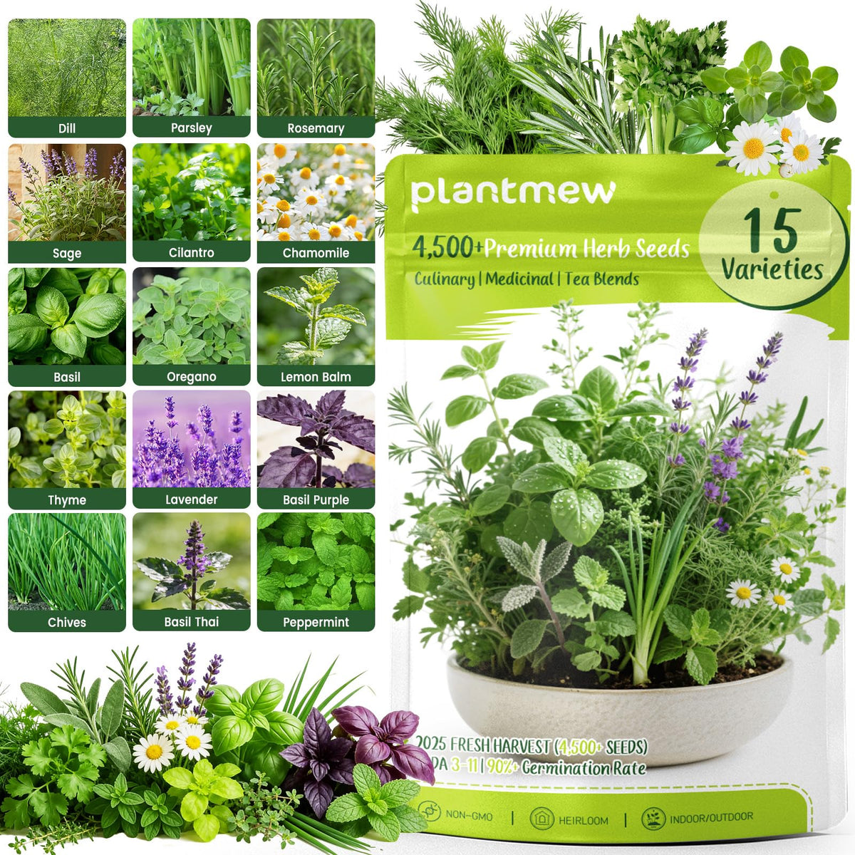 PLANTMEW herb seeds 15-pack packaging for a versatile home garden starter kit.