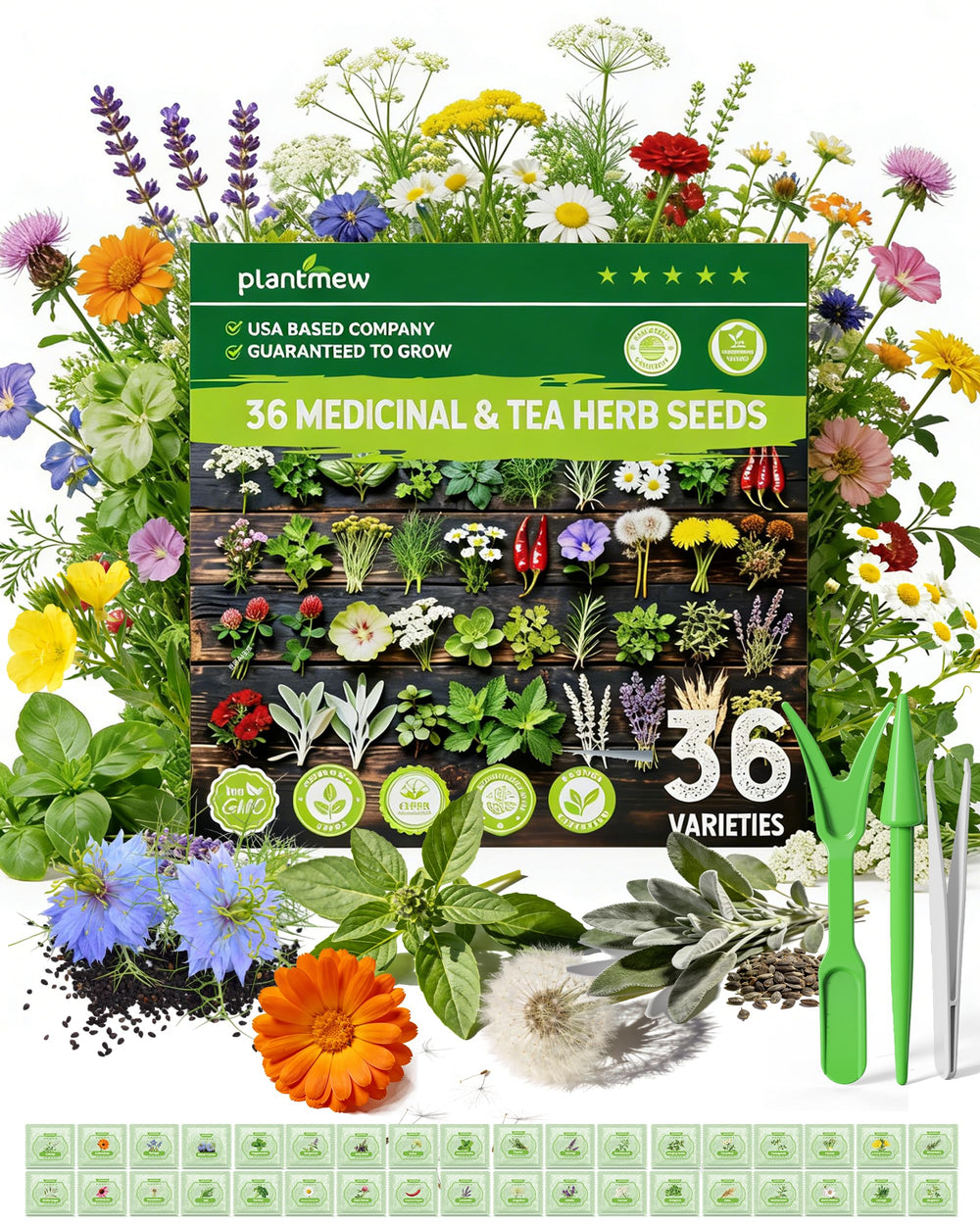 PLANTMEW medicinal herb seeds variety pack for home apothecary and tea garden.