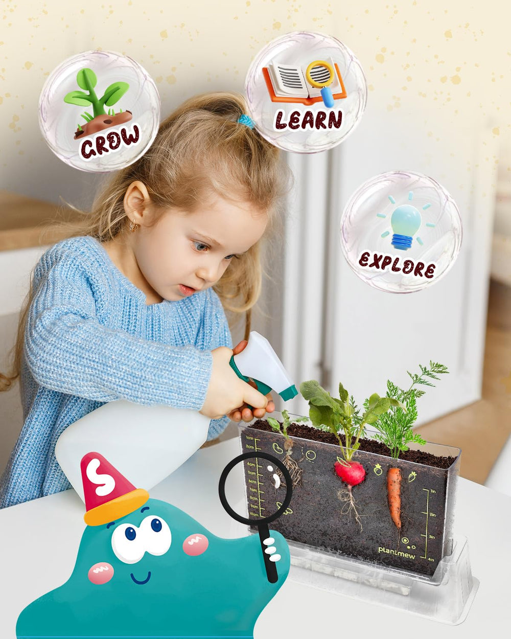 PlantMeW Root Viewer used in kids' garden study at home or classroom