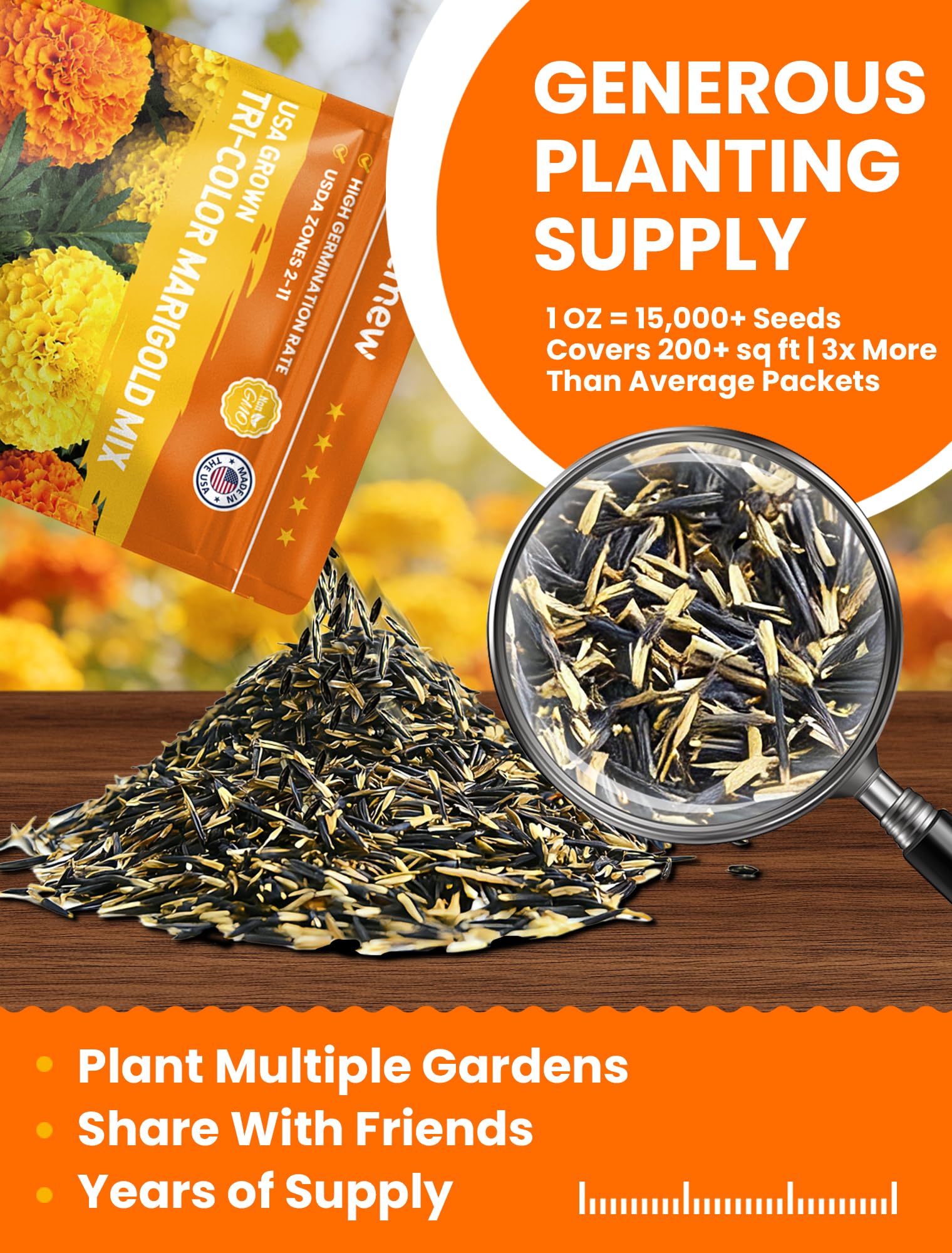 PlantMew seed packet label with heirloom marigolds for easy planning.