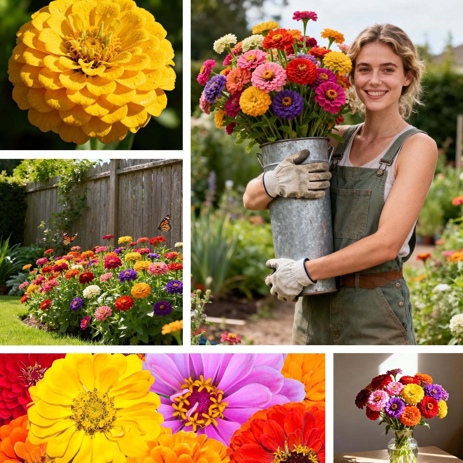 PLANTMEW zinnia color varieties in pink, yellow, orange, white, and purple.