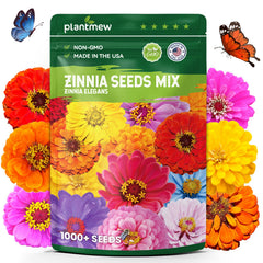 PLANTMEW zinnia seeds in a 0.35 oz pouch for vibrant garden beds.