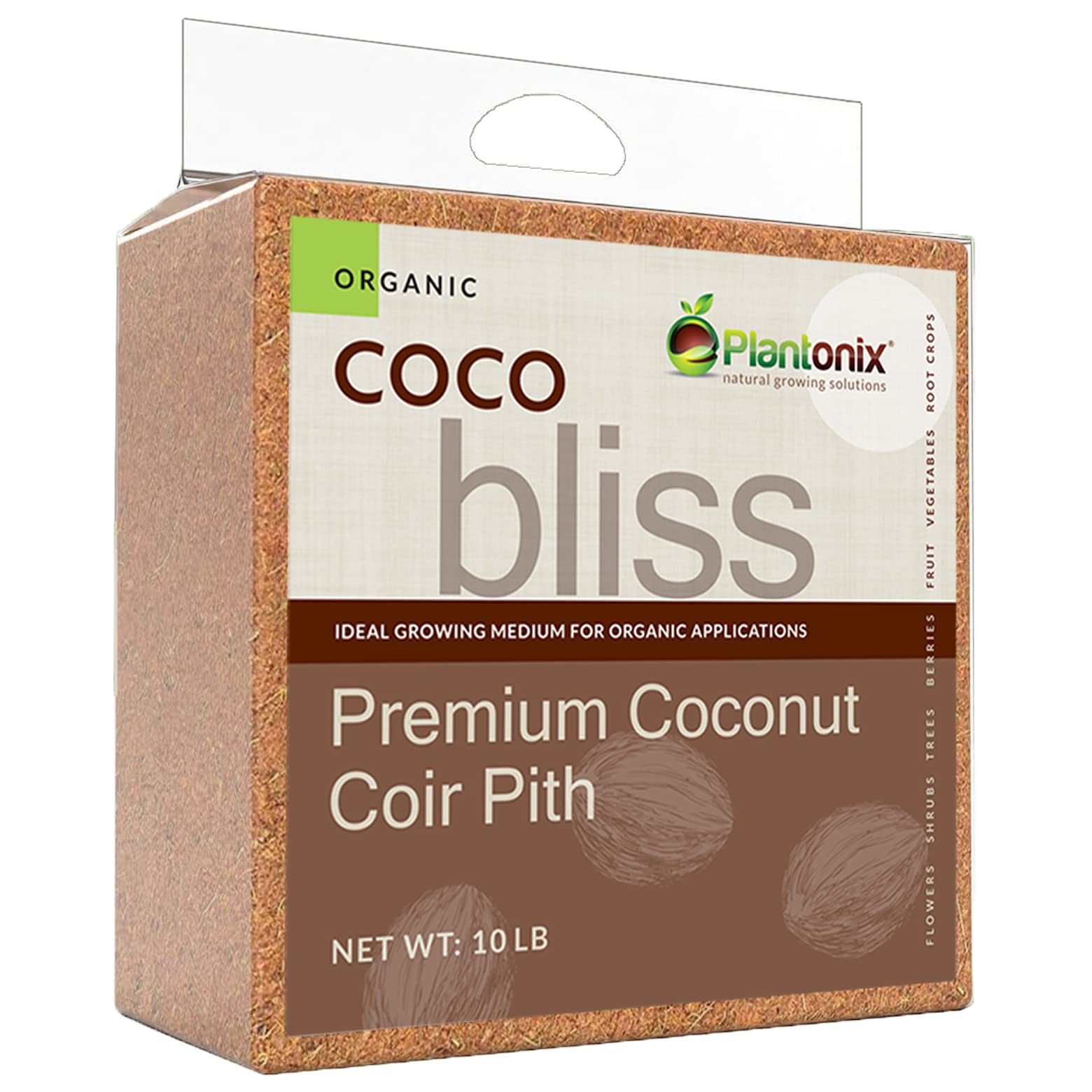 Plantonix Coco Bliss coco coir brick close-up highlighting purity for clean planting medium.