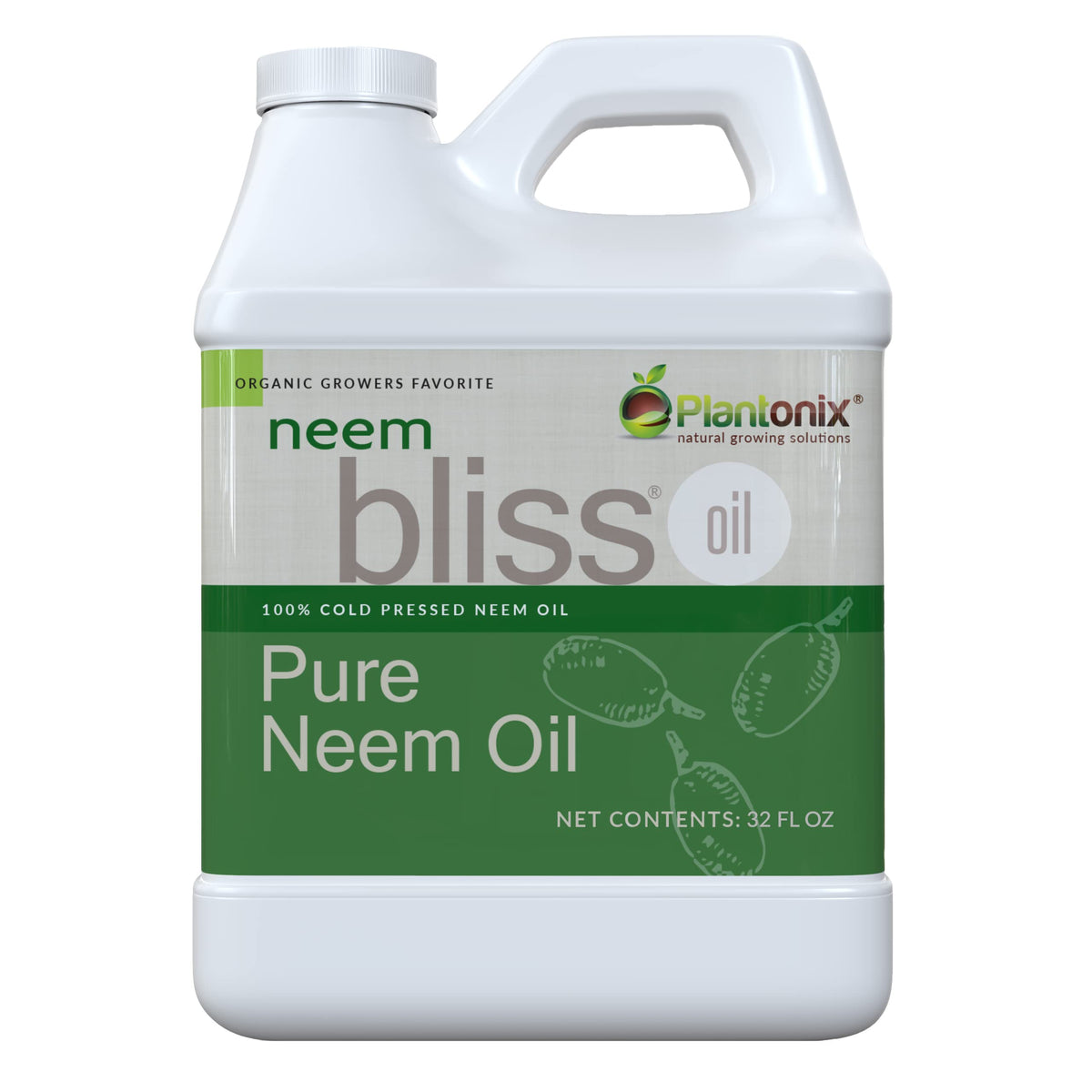 Plantonix Neem Bliss 32oz bottle displaying pure neem oil for skin nourishment.