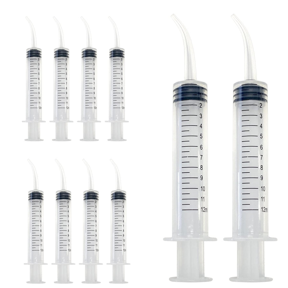 PlastCare USA 12ml disposable curved-tip syringe for dental irrigation in clinical care.