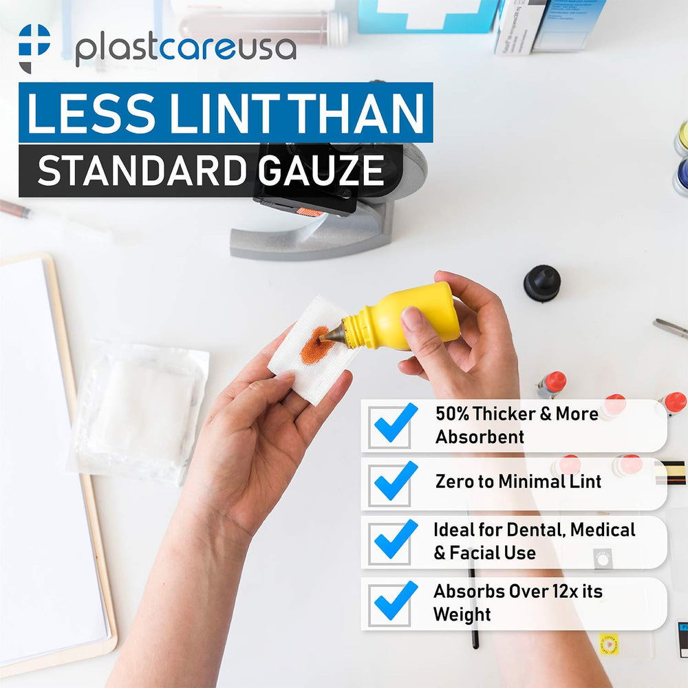 PlastCare USA dental gauze squares 2x2 for post-procedure care.
