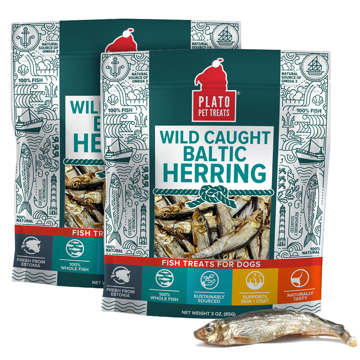 PLATO Fish Treats bag front showing single-ingredient, omega-rich snack for dogs