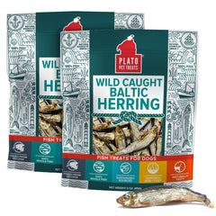 PLATO Fish Treats bag front showing single-ingredient, omega-rich snack for dogs