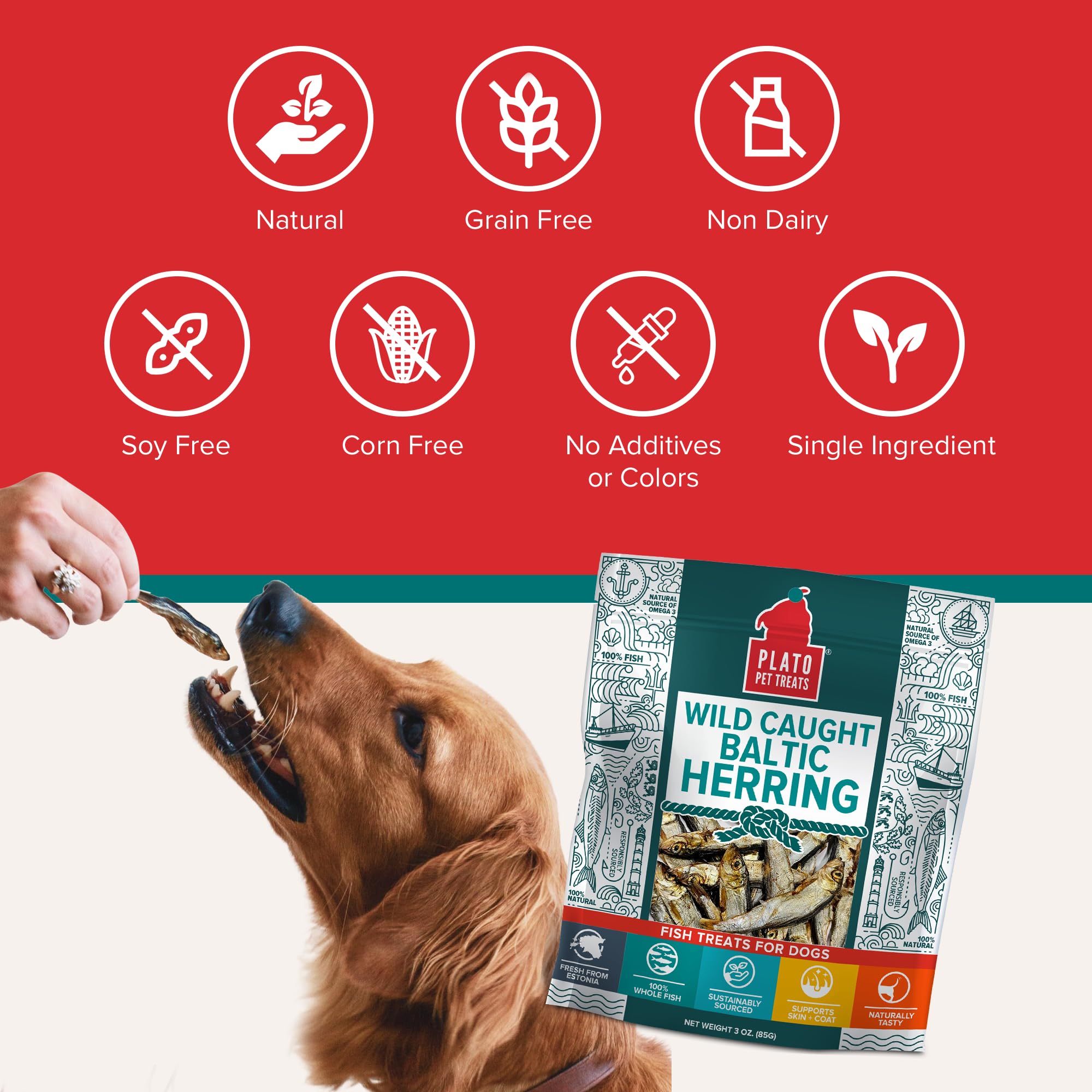 PLATO Packaging showing omega fatty acids for skin and coat support