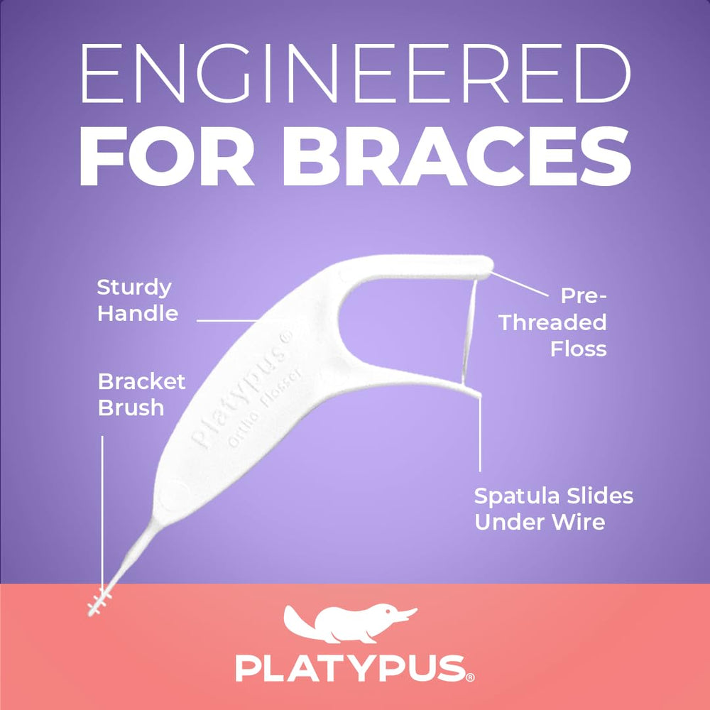 Platypus orthodontic flosser between teeth makes debris removal simple after meals.