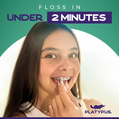 Platypus orthodontic flosser easy-use tool for braces fits under arch wire.