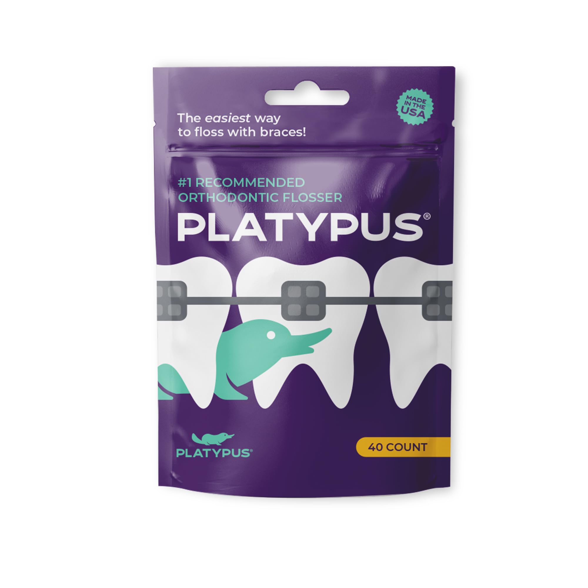 Platypus orthodontic flossers under arch wire clean between brackets with ease.