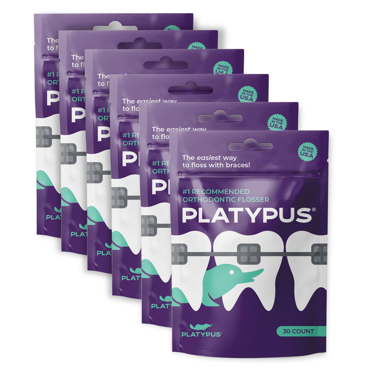 Platypus orthodontic flossers under the arch wire for easy between-teeth cleaning.