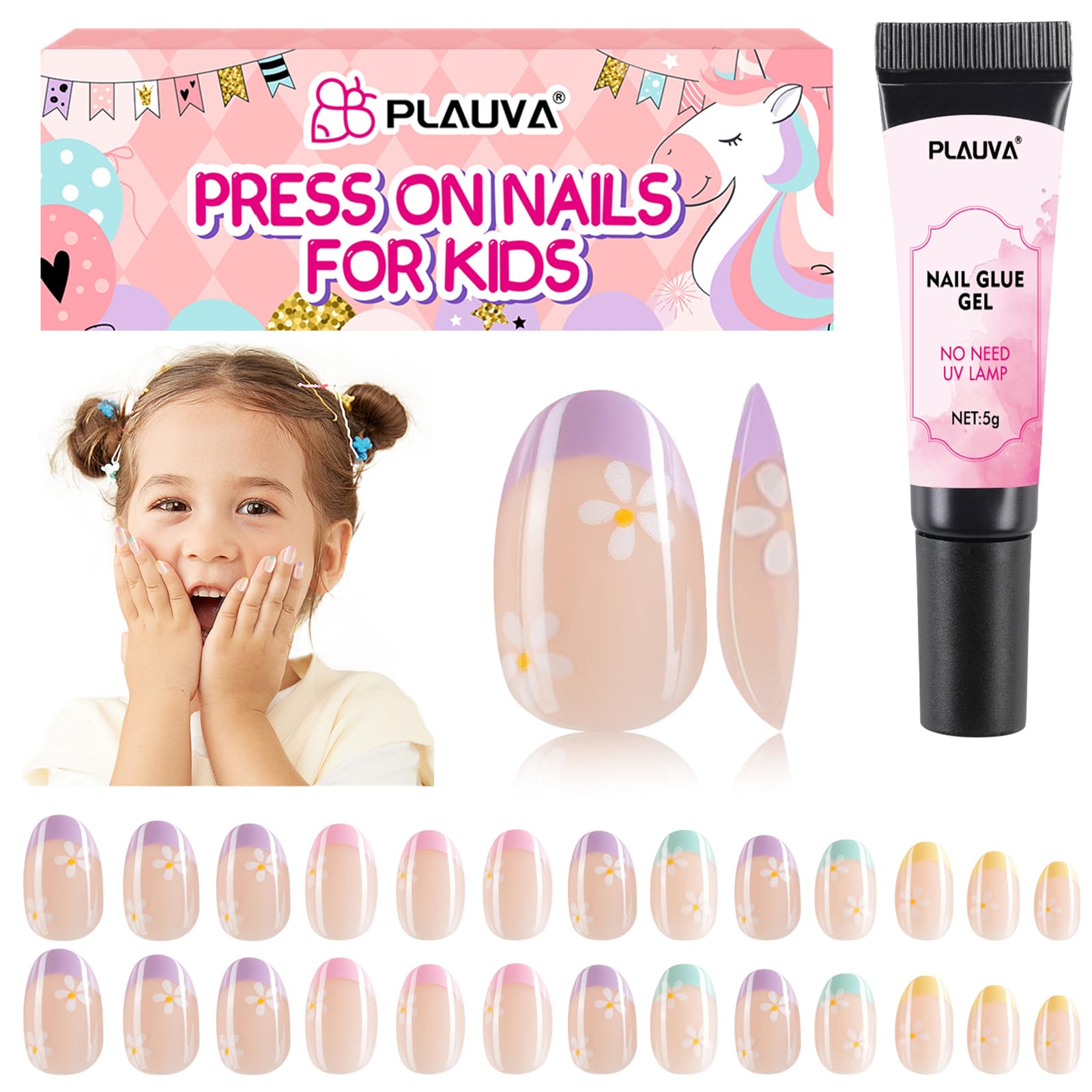 Plauva kids press-on nails with a vibrant flower design for fun art