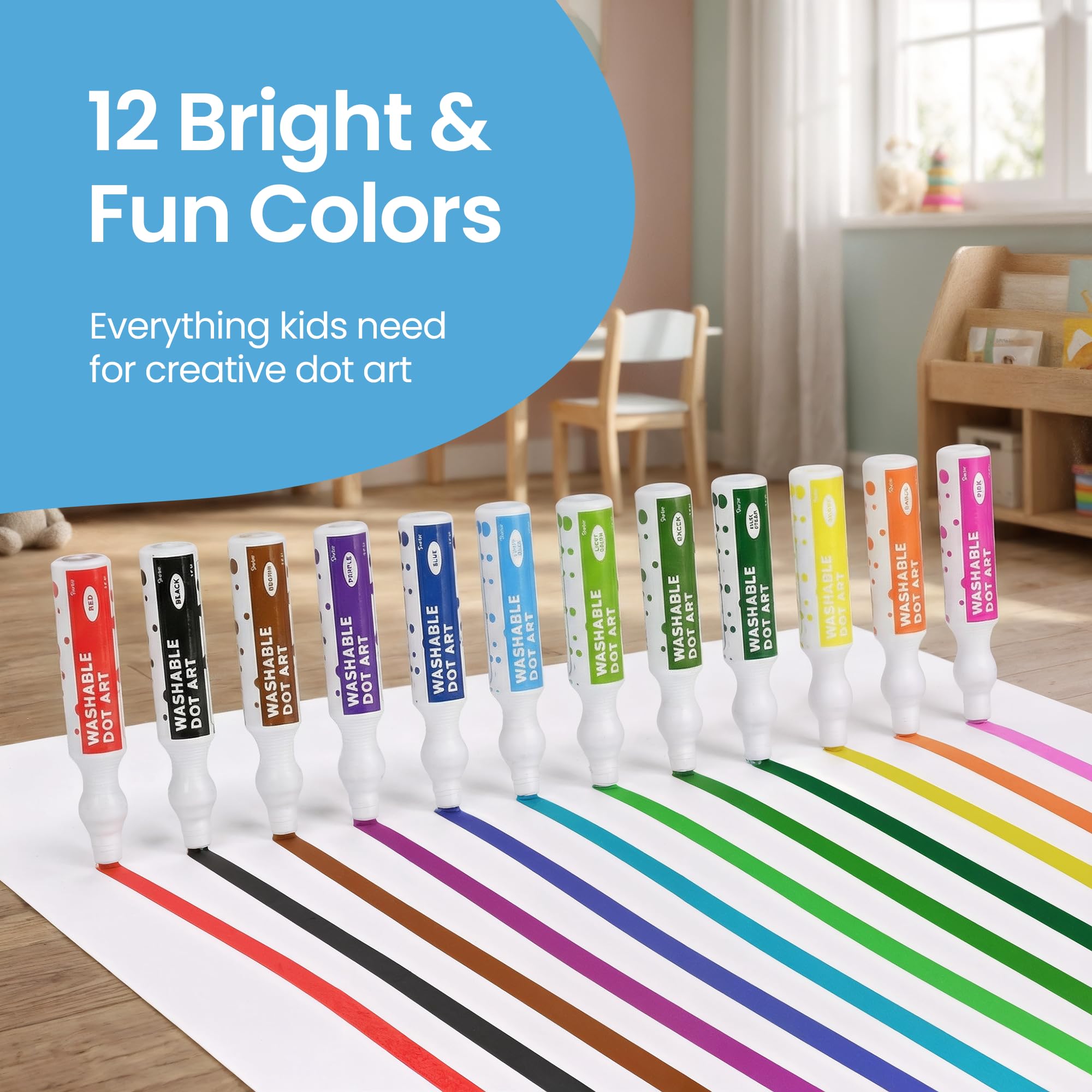 Playkidiz Darice dot markers washable formula makes cleanup quick after activities.
