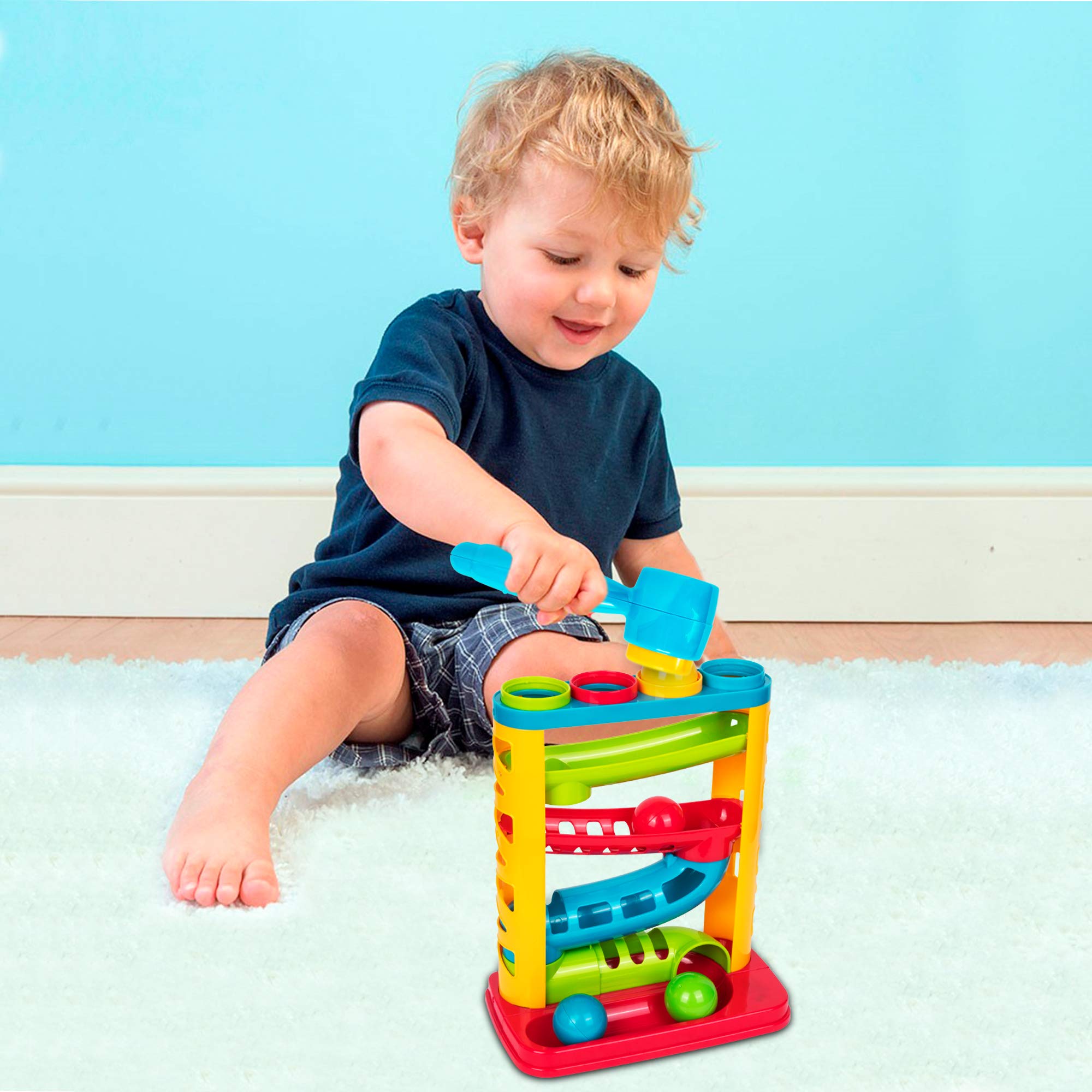 Playkidz Pound-A-Ball Toy with balls dropping down the pyramid for cause-and-effect exploration