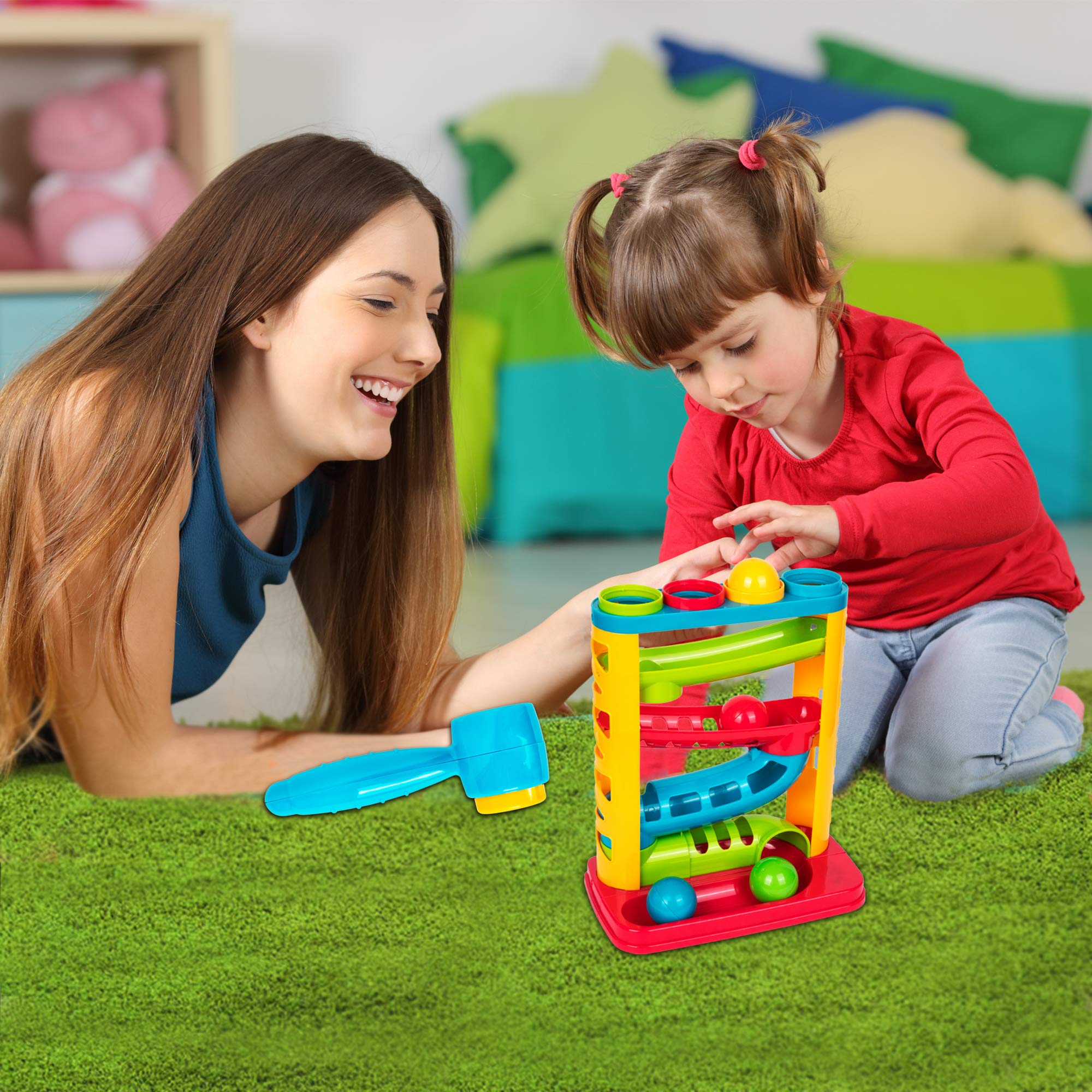 Playkidz Pound-A-Ball Toy colorful balls closeup for visual sensory play