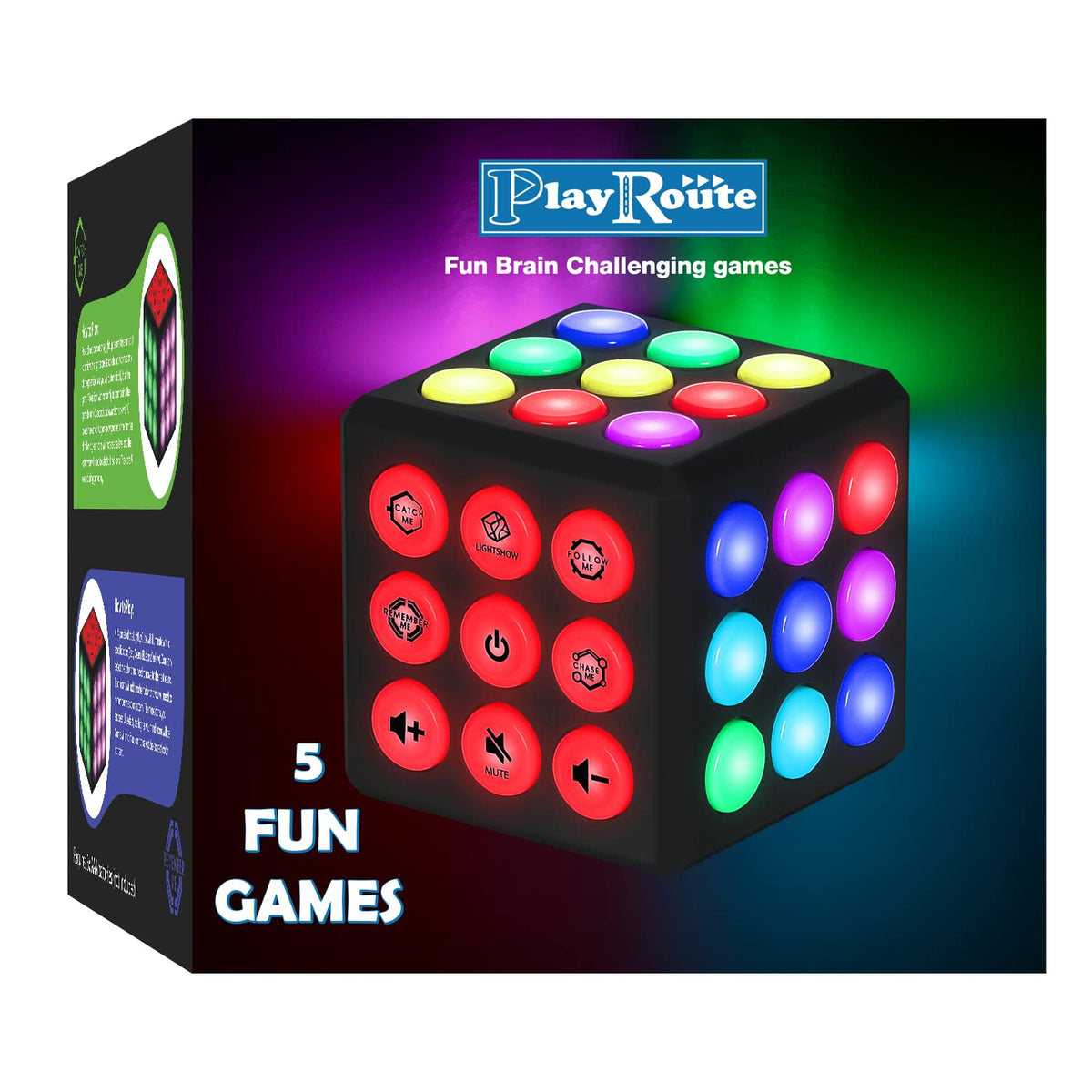 PlayRoute electronic brain cube front view with lights for on-the-go cognitive play.
