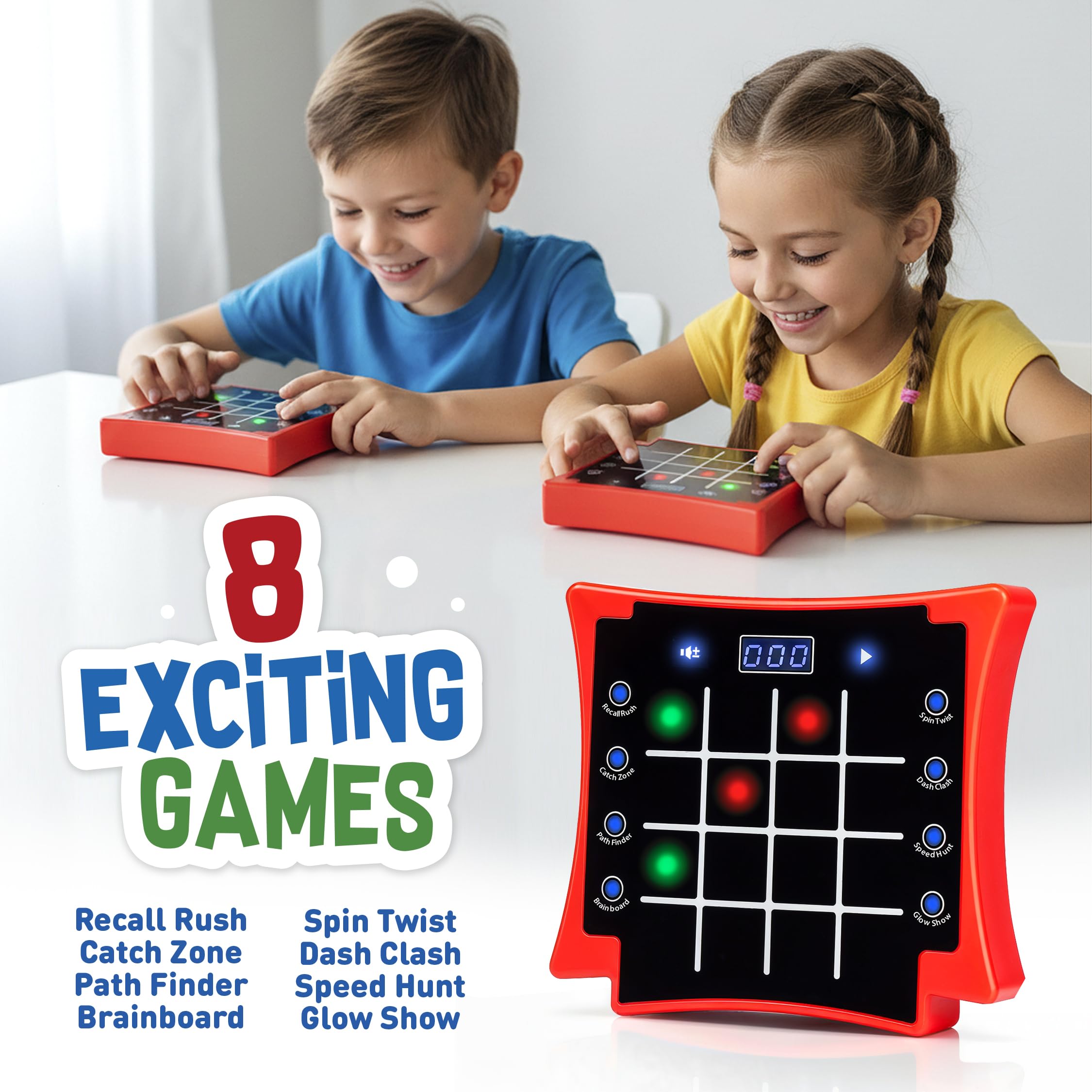 PlayRoute 8-in-1 game panel displays glowing tiles for recall and speed challenges