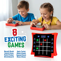 PlayRoute 8-in-1 game panel displays glowing tiles for recall and speed challenges