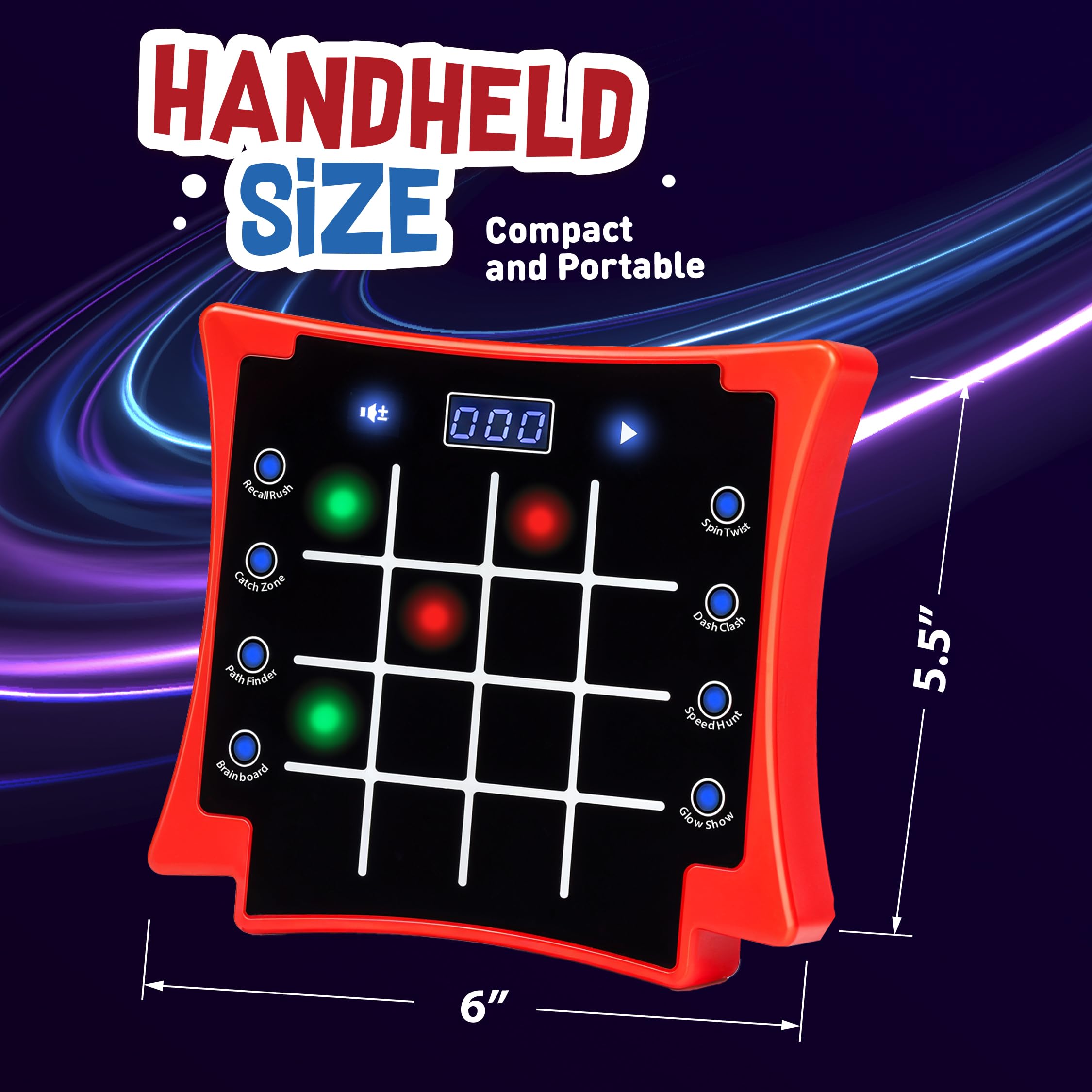 PlayRoute handheld tap grid game in action, encouraging quick reflexes and attention