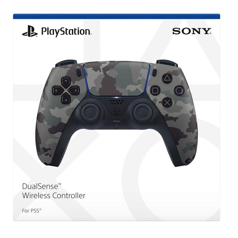 PlayStation 5 DualSense gray camouflage pairs with PS5 for seamless compatibility.