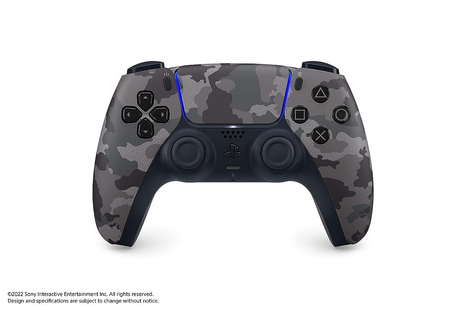 PlayStation 5 DualSense in gray camouflage, angled view for immersive gaming.