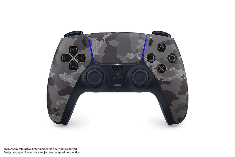 PlayStation 5 DualSense in gray camouflage, angled view for immersive gaming.