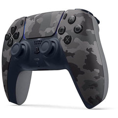 PlayStation 5 DualSense gray camouflage close-up shows button layout.