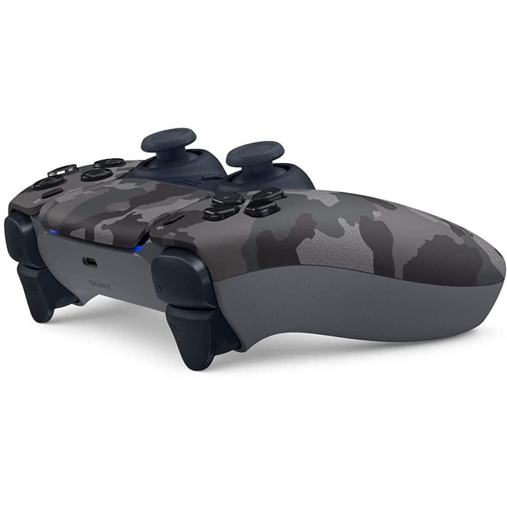 PlayStation 5 DualSense gray camouflage D-pad and analog sticks for precision.