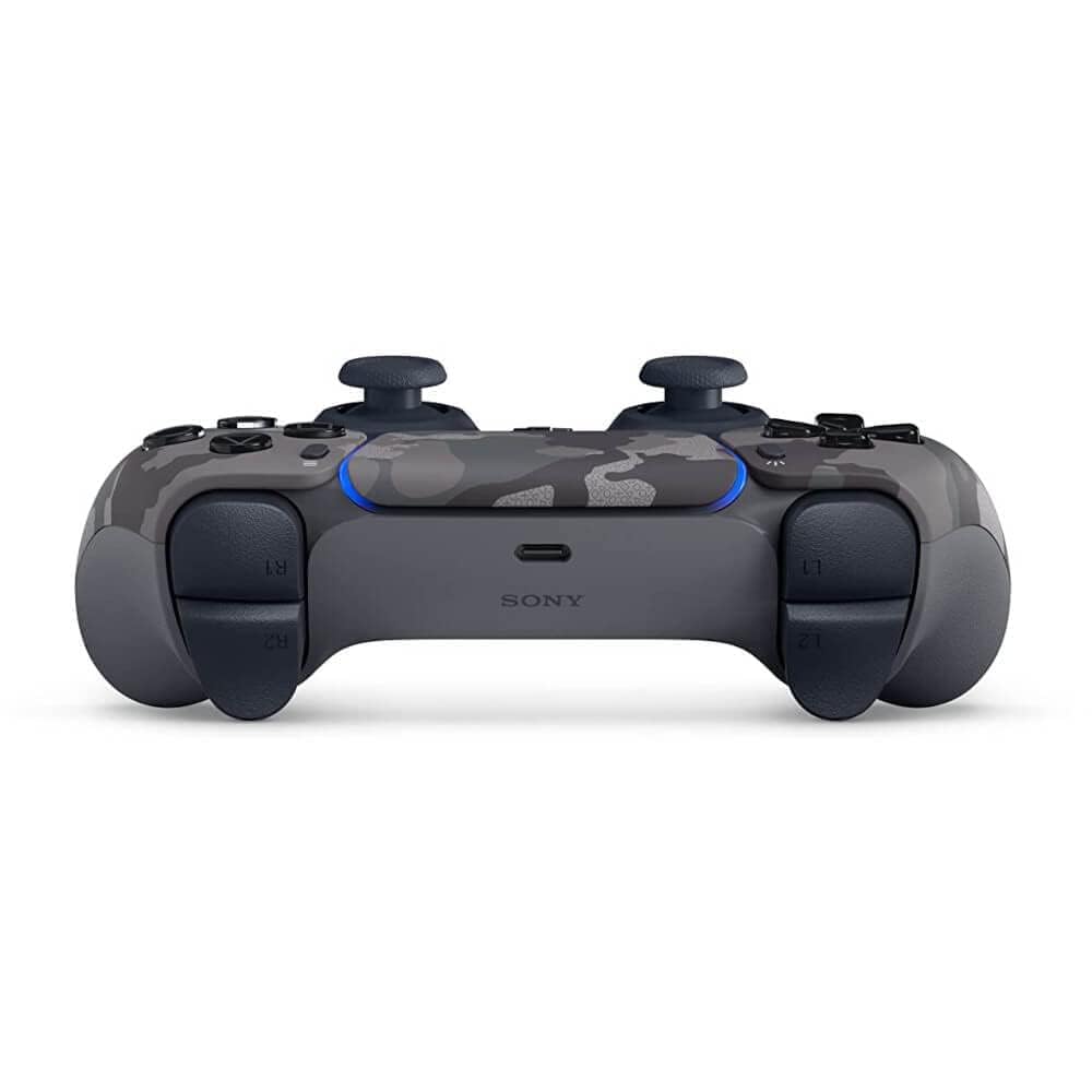 PlayStation 5 DualSense gray camouflage ergonomic grip and responsive haptics.