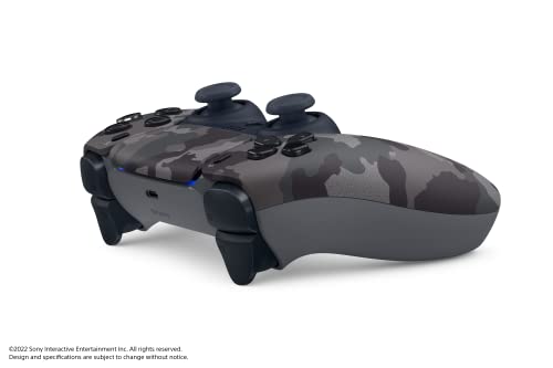 PlayStation 5 DualSense gray camouflage, top view highlighting ergonomic grip and controls.