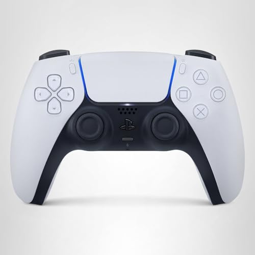 PlayStation 5 DualSense White resting beside console for easy setup and play.