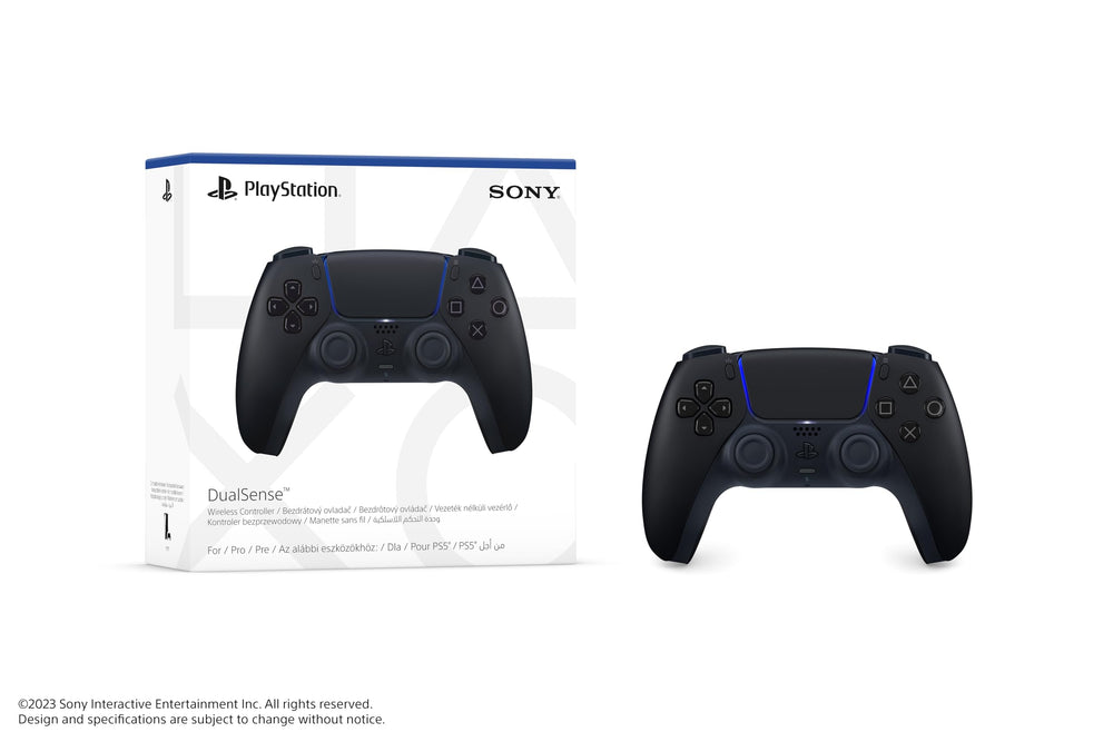 PlayStation DualSense Midnight Black front view shows ergonomic grip for longer play sessions.